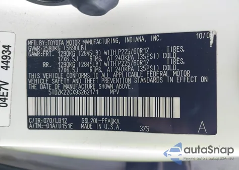 2009 Toyota Sienna Limited from USA, damaged, VIN 5TDZK22CX9S262171